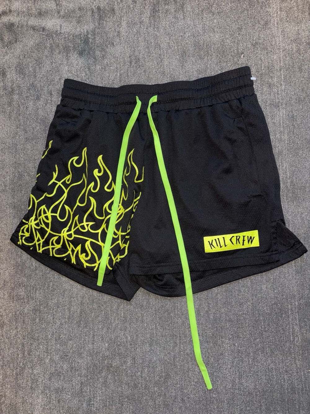 Kill Crew Shorts Size L Black Neon Green Flame Print Mesh Activewear